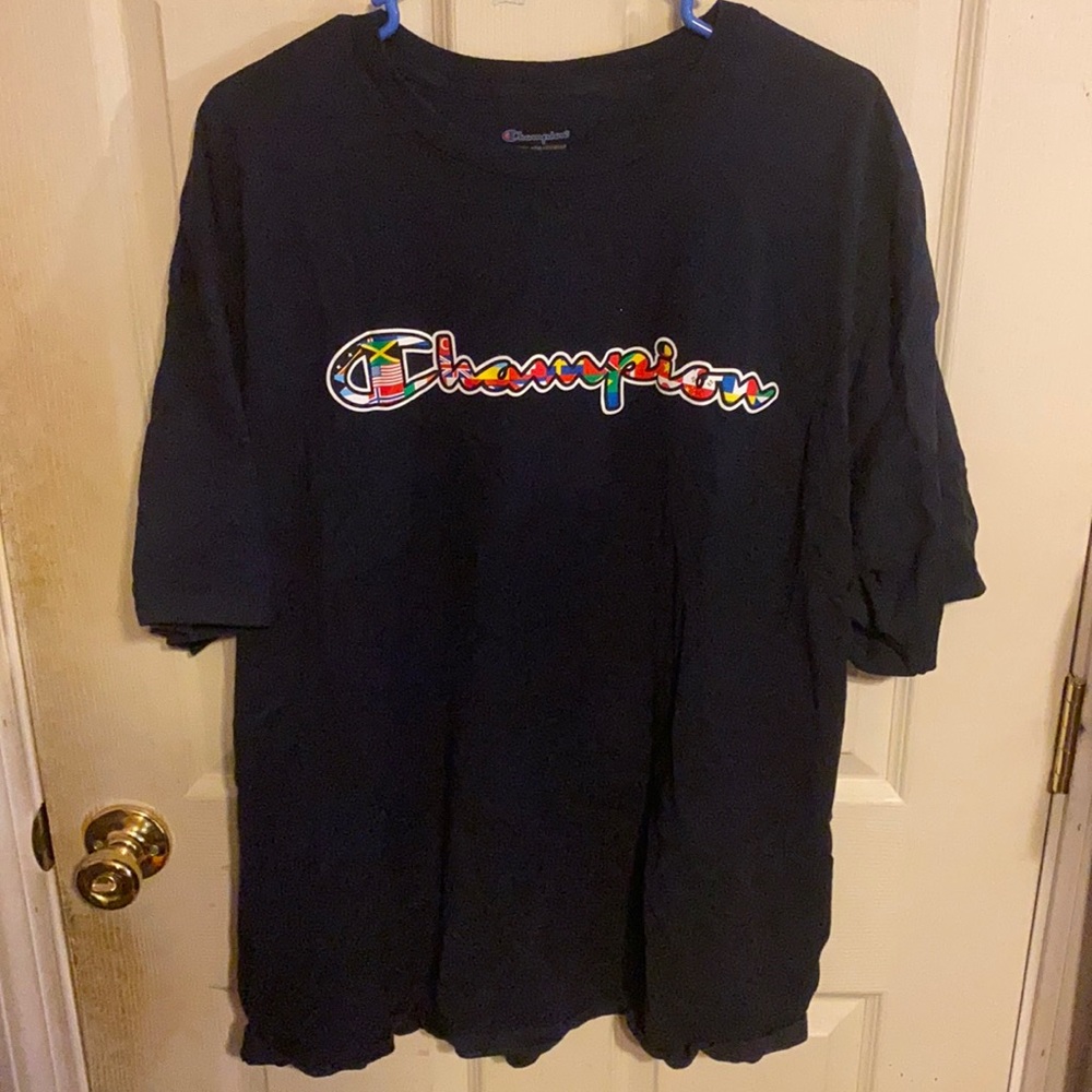 Black Champion T Shirt with Flags of the World Logo